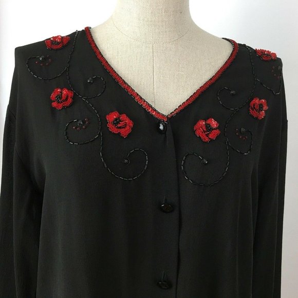 Carole Little Womens Silk Top Black Size 4 Blouse Red Semi Sheer Flower Bead VTG - Picture 2 of 10
